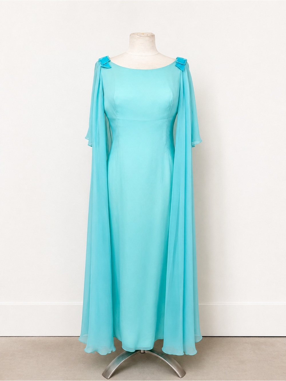 Vintage 1960s Hollywood Regency Glam Aqua Chiffon Velvet Bow Cape Hostess Dress